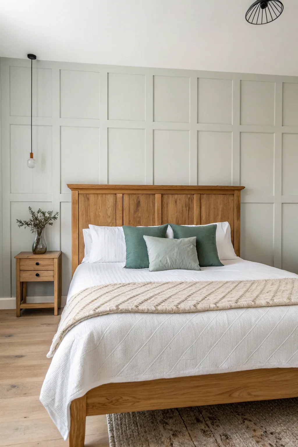 Deep accent wall behind the bed with matching pillows for a calm, cohesive bedroom centerpiece.