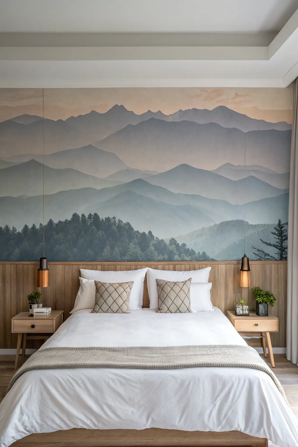 Soft mountain panorama mural in muted blues and warm grays for a calm, airy bedroom
