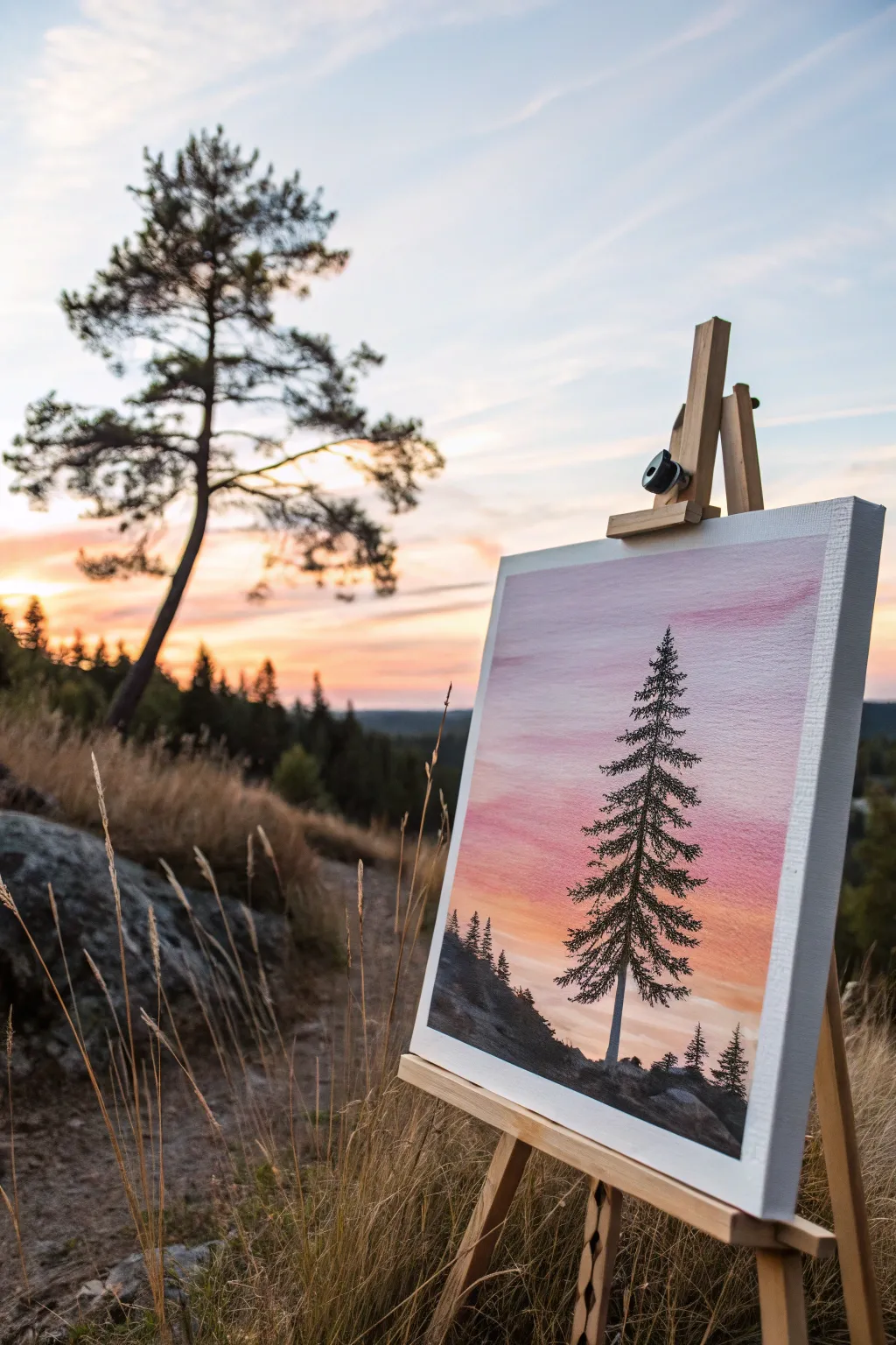 Beginner acrylic idea: a dreamy ombre sky with a crisp black pine silhouette