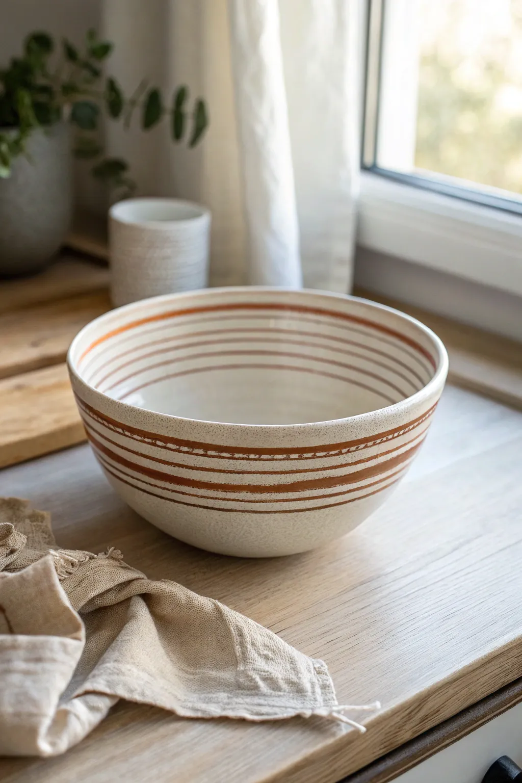 Crisp striped bowl idea using simple tape lines for clean, beginner friendly painted bands.