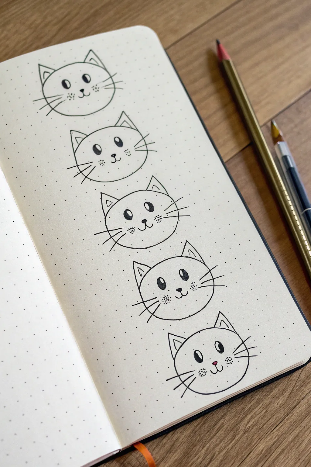 Cute cat faces from circles and triangles, clean minimalist line art for easy beginner practice