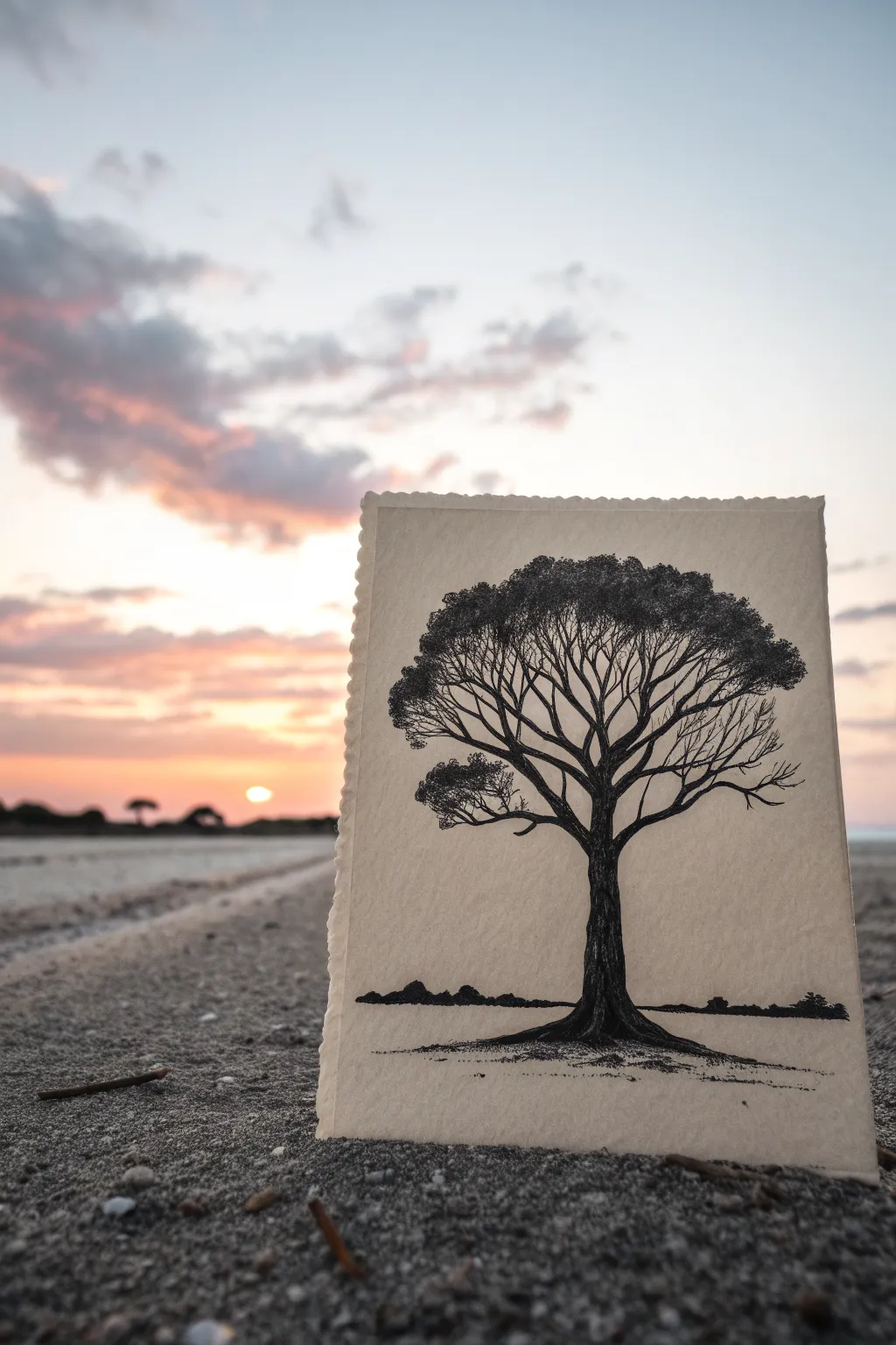 Beginner charcoal silhouette tree on textured paper, with an easy sunset gradient and bold contrast.