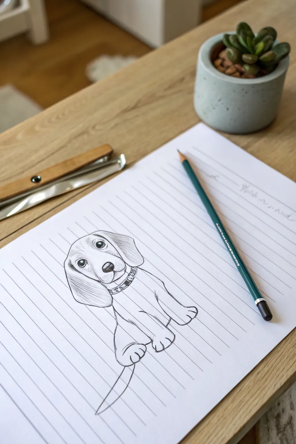 Easy floppy-eared puppy sketch idea with light simple lines, big nose, and tiny tongue