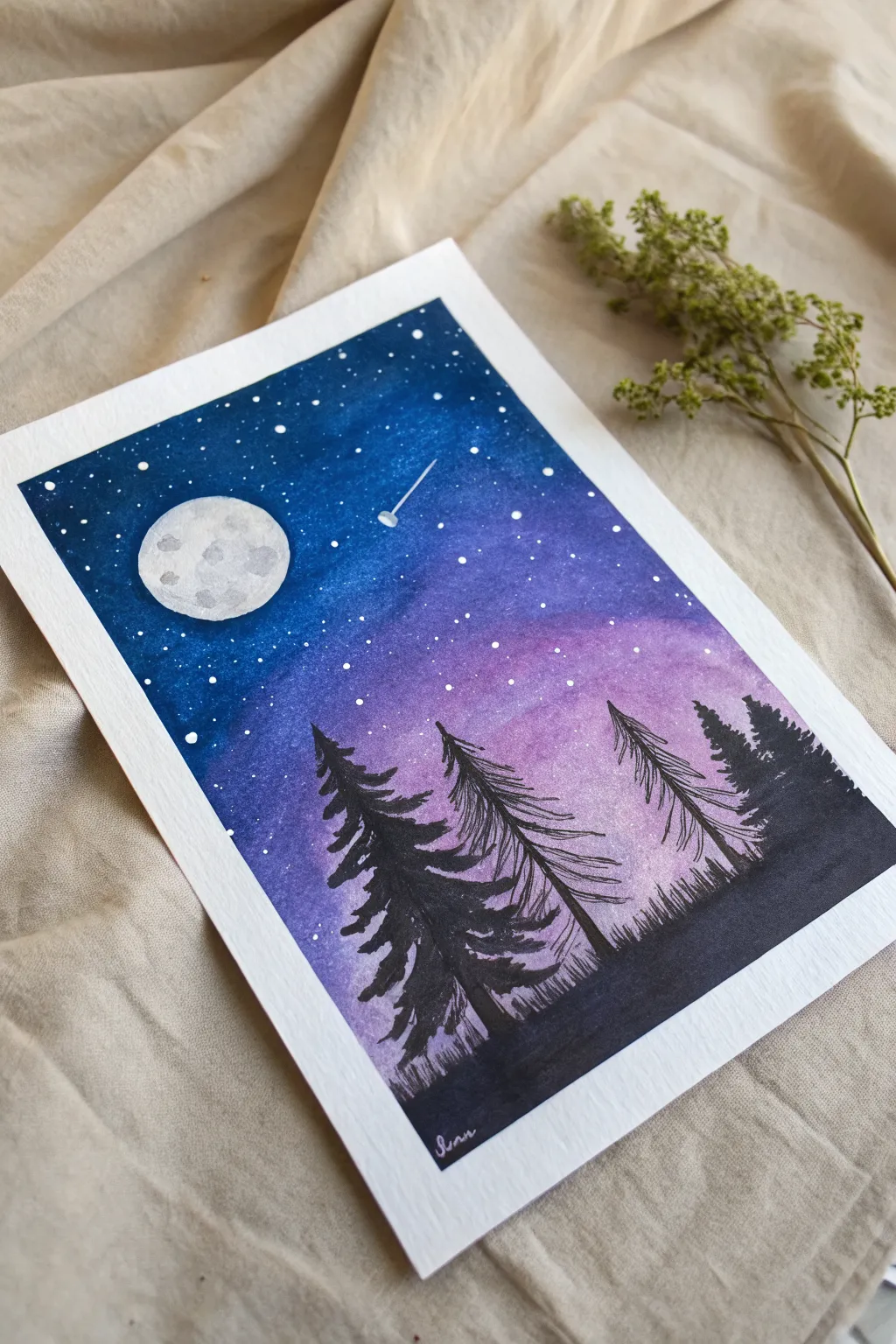 Easy oil pastel moon and tree silhouette, minimalist night sky with bold contrast and soft texture