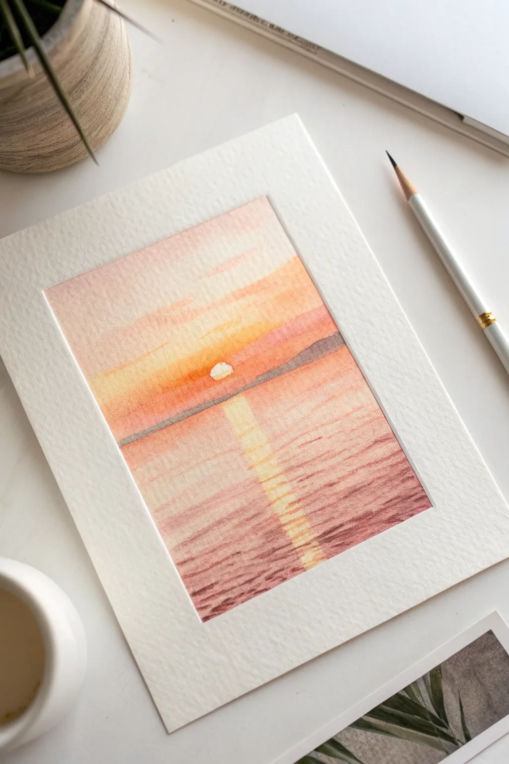 Easy two-color watercolor pencil sunset strip with a clean border and soft blended gradient