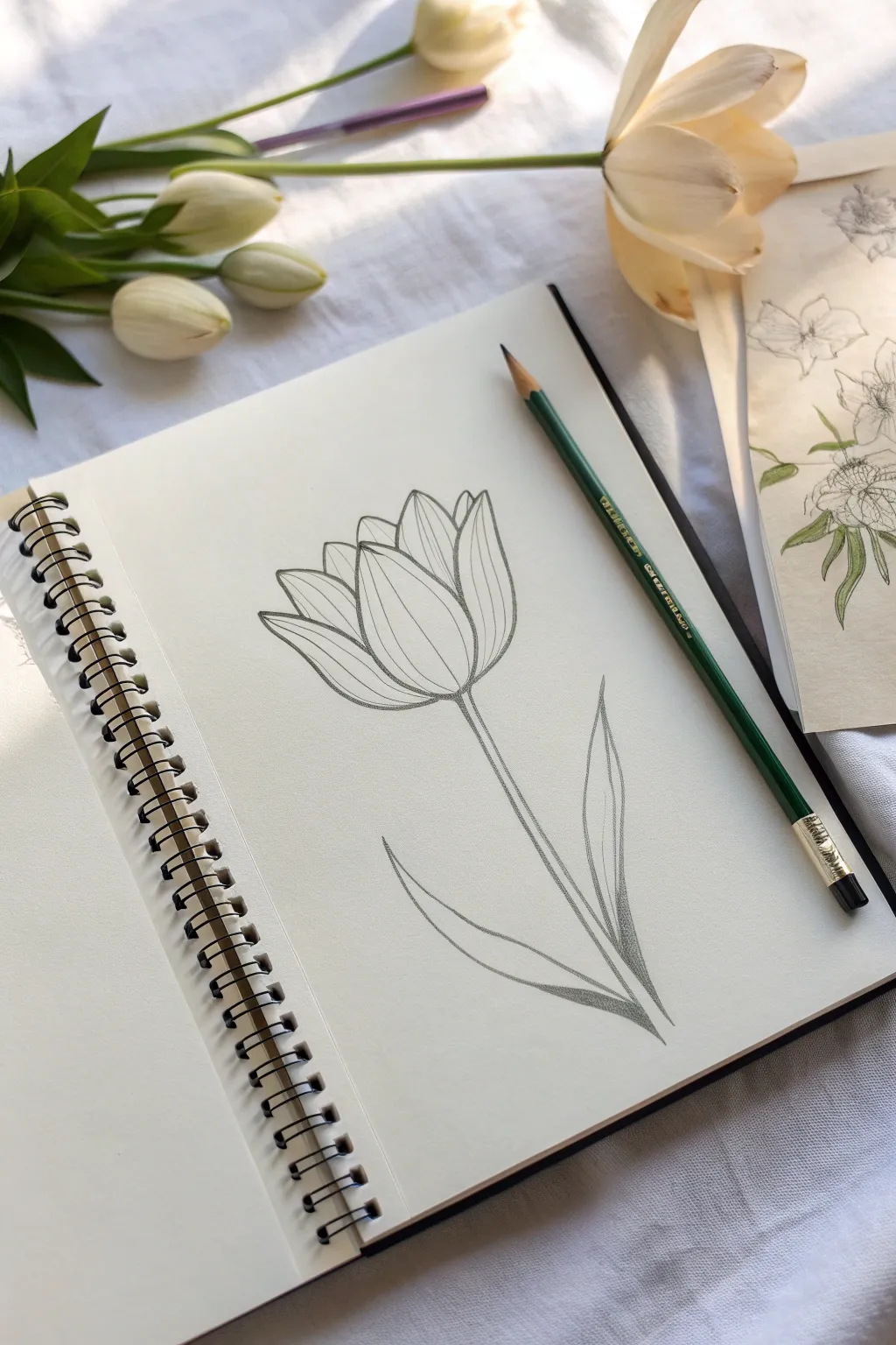 Side-view tulip bloom pencil sketch with gentle shading, clean lines, and airy Scandinavian calm.