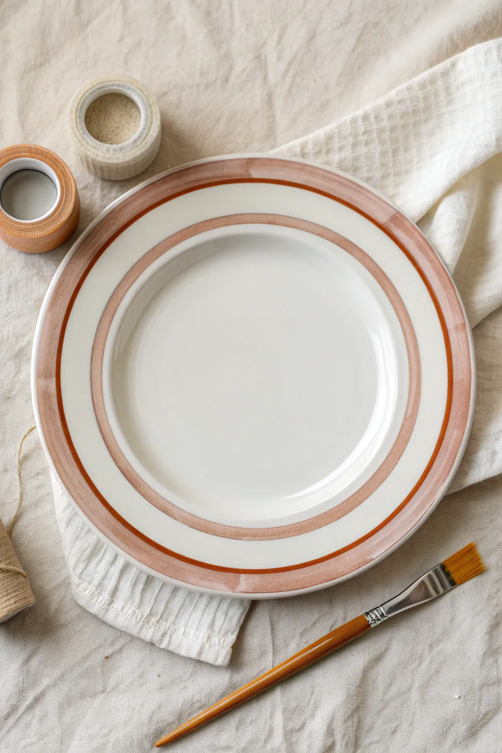 Clean rim stripes on a white plate with tape and brush for a simple beginner-friendly look