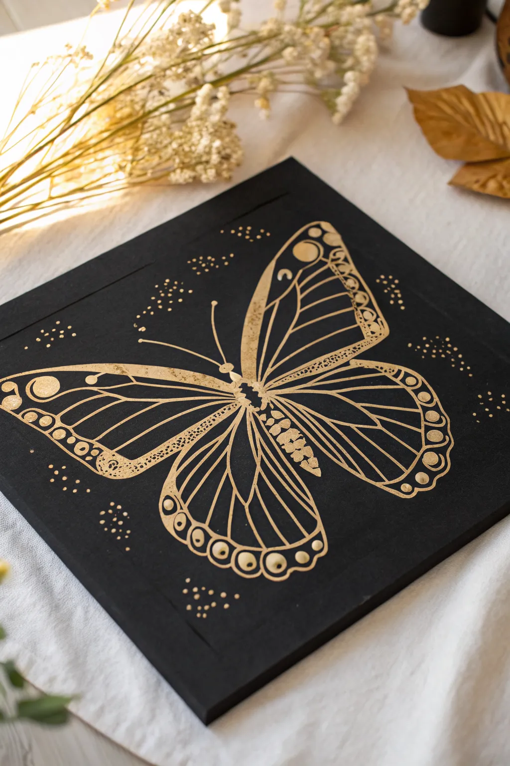 Beginner scratchboard butterfly silhouette with simple patterns, bold contrast and calm minimal style