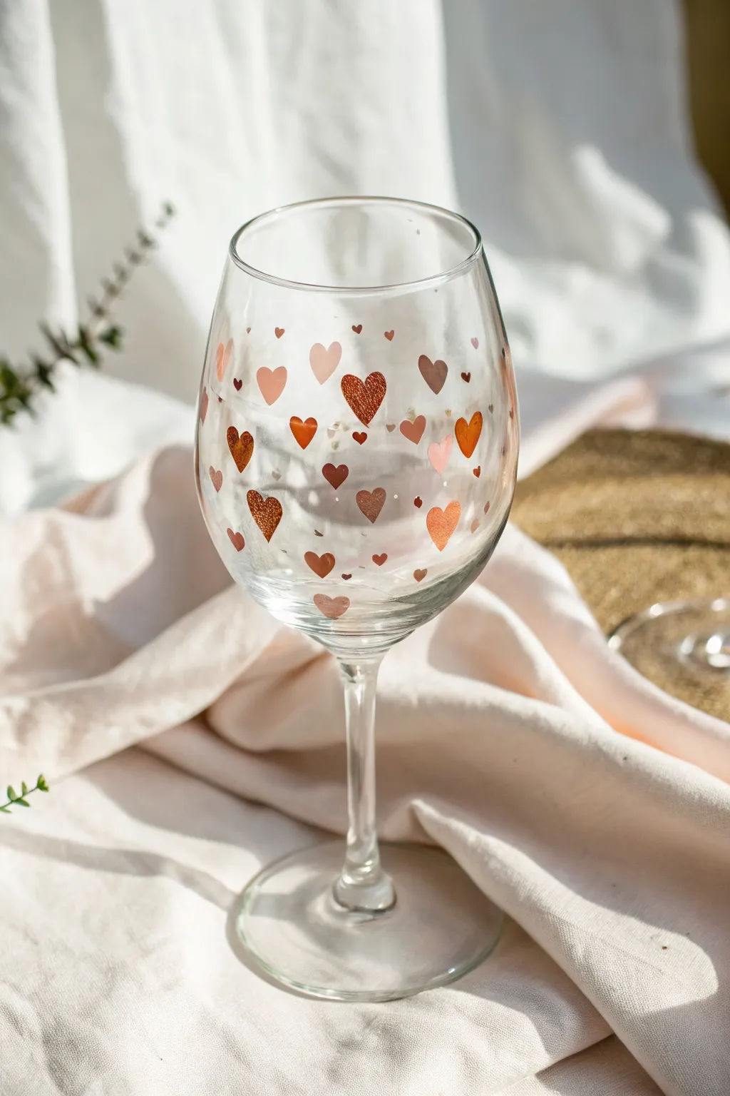Mini heart scatter wine glass design in soft daylight, simple, sweet, beginner-friendly.