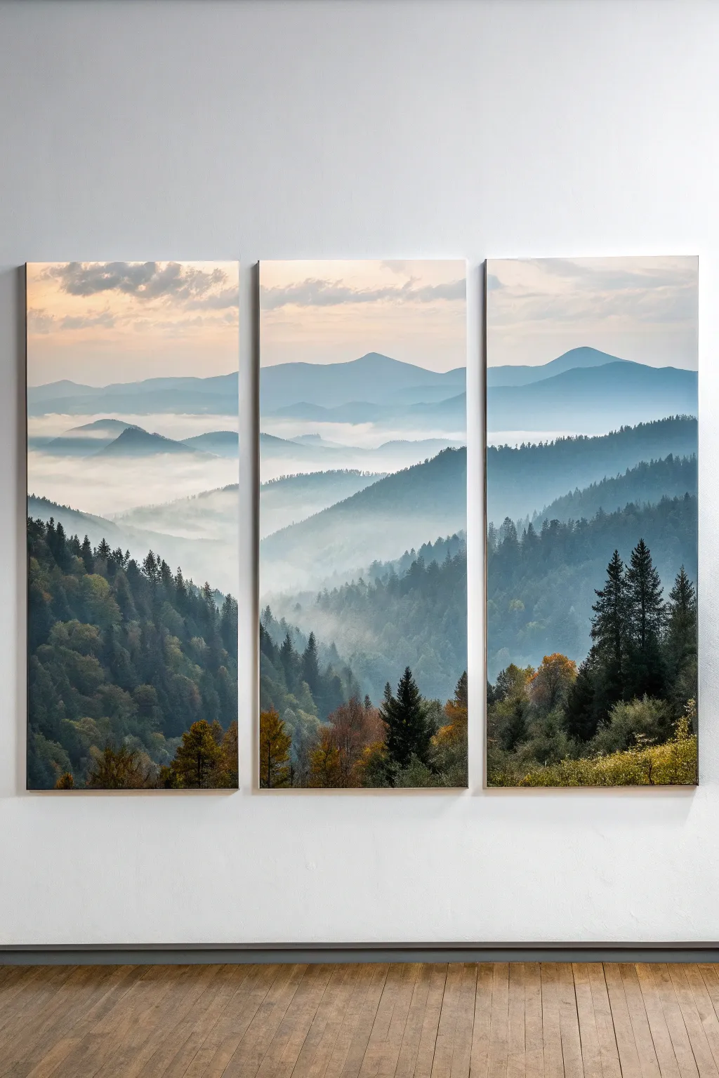 Misty mountains across three canvases: easy layered ridgelines for a calm beginner triptych.