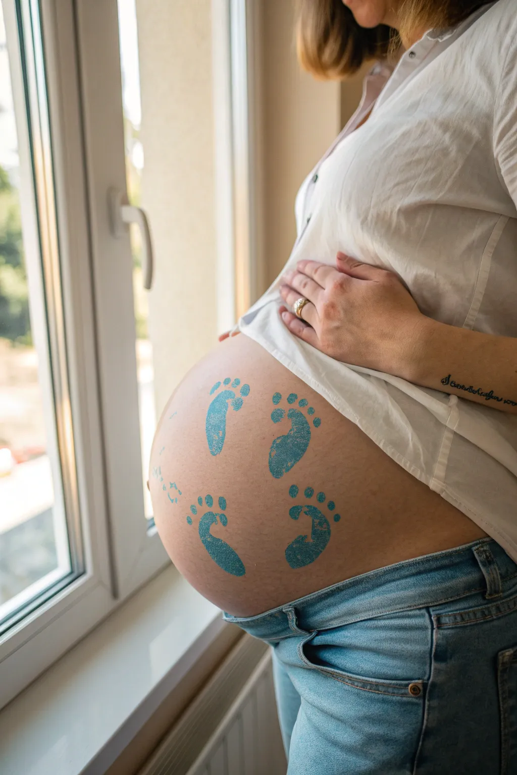 Soft blue baby boy footprints march across the bump, belly button as a sweet little step.