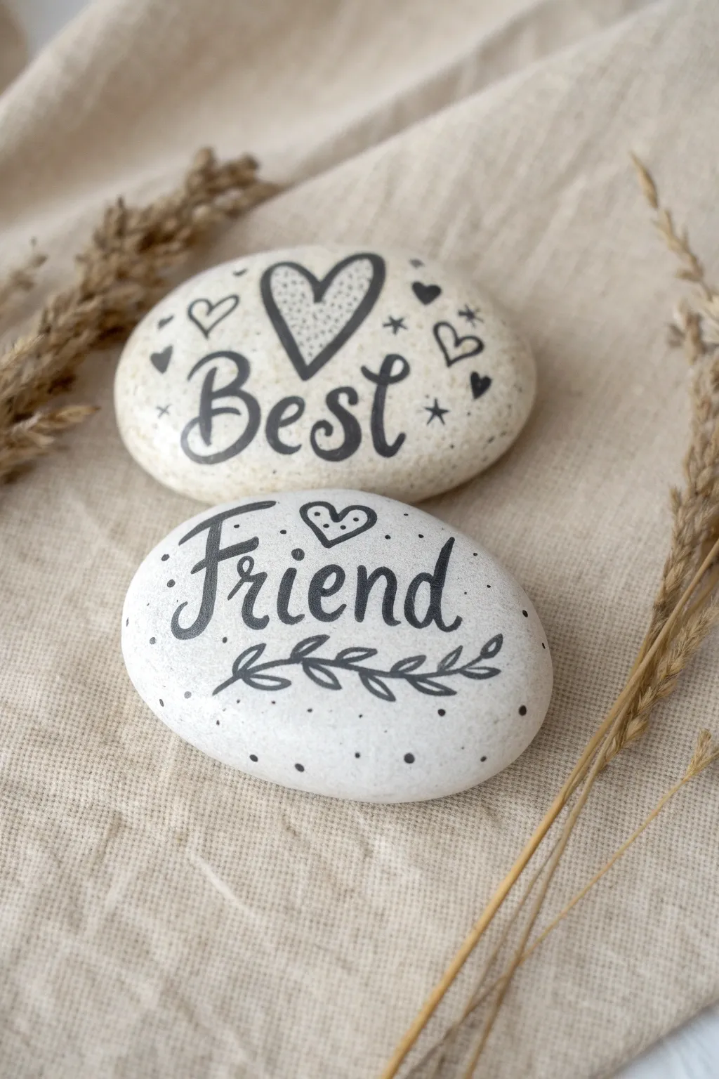 Matching best-friend rocks with cute script and tiny star doodles in a soft Scandi-boho flat lay.