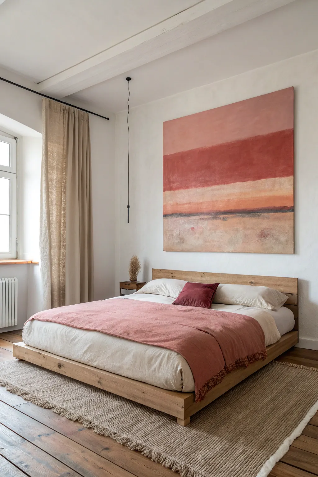 Oversized abstract gradients in bold color blocks that calm a minimal Scandinavian bedroom