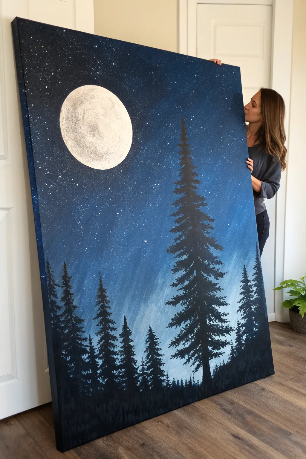 Easy big canvas idea: moonlit blue sky, clean moon circle, and bold pine silhouettes.