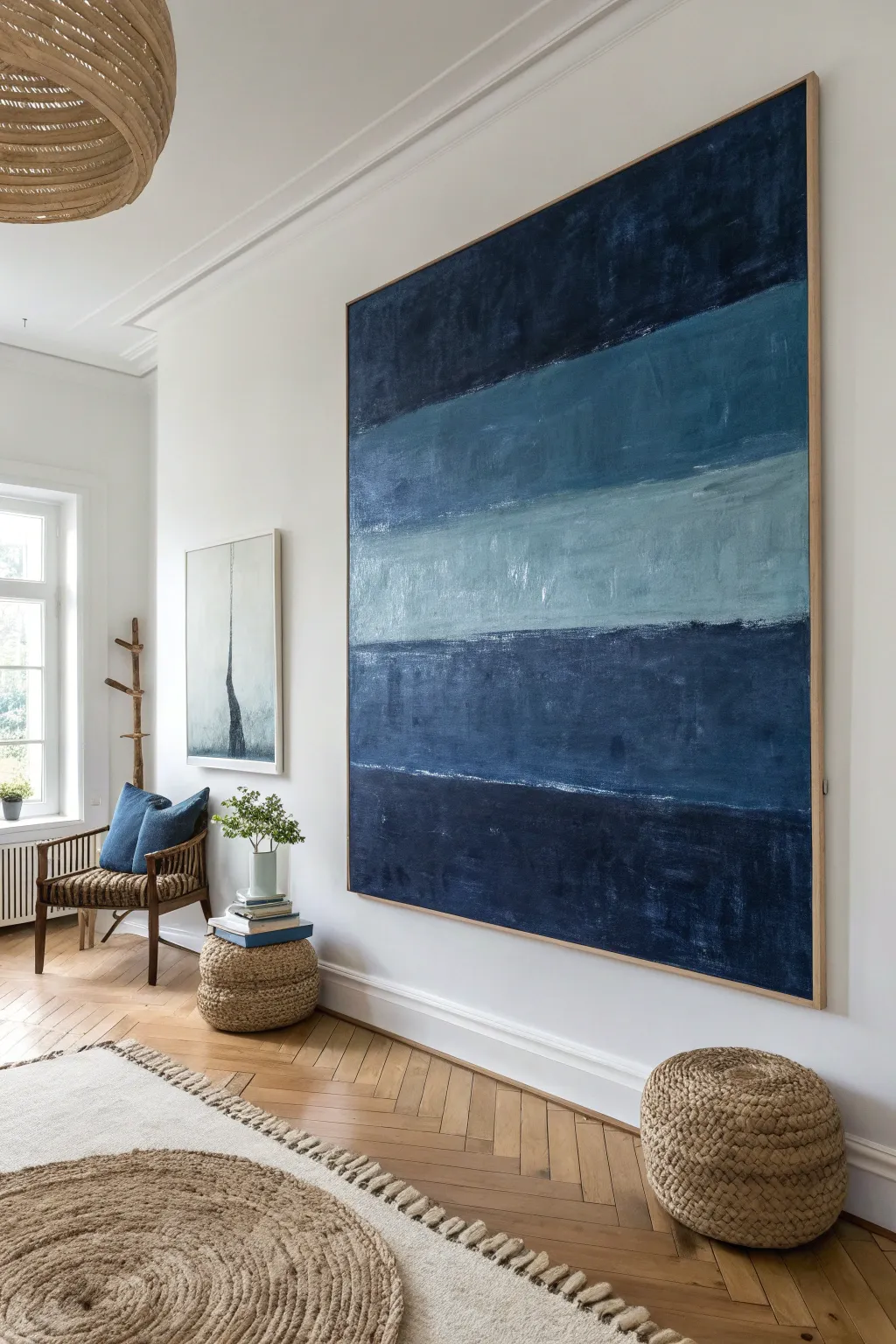 Transform your neutral space with a statement canvas in moody, deep indigo hues.