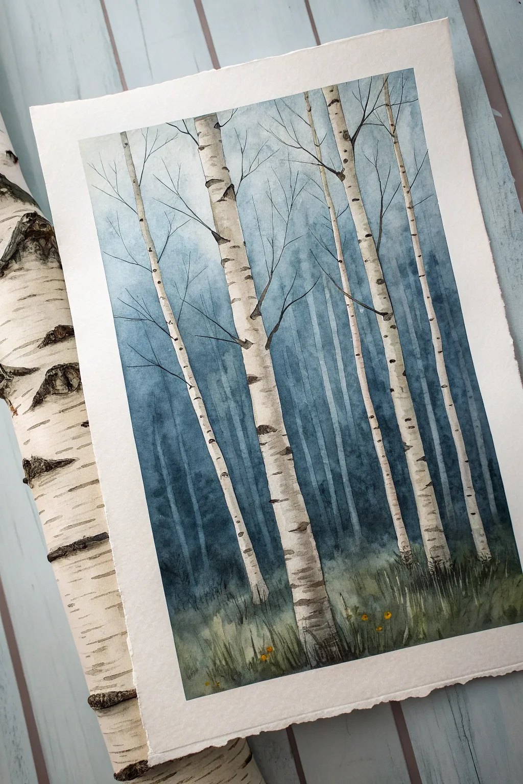 Tape-resist birch trunks: peel to reveal crisp white edges over a brushy moody wash