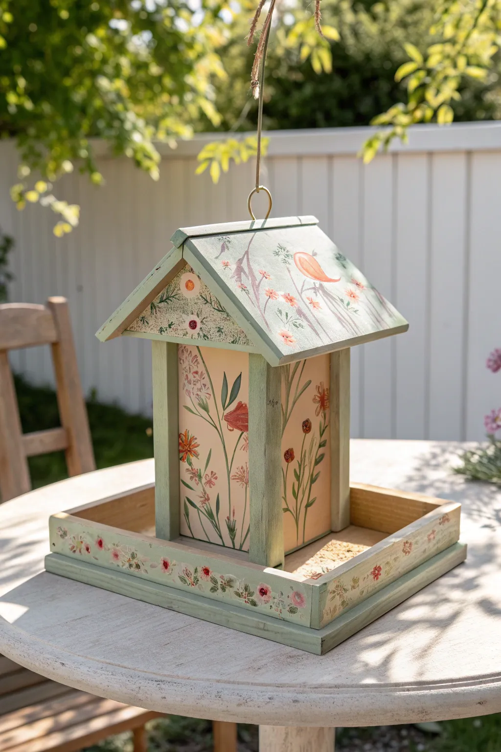 Classic garden bird feeder with hand-painted wildflowers, bright colors, clean minimalist look