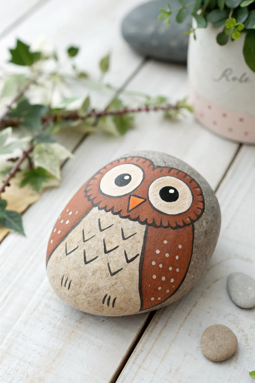Easy big-eyed owl painted rock in cozy neutrals, a sweet beginner craft with Nordic boho style