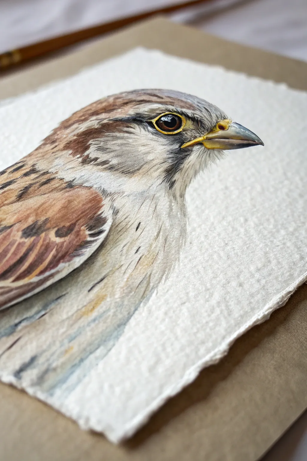 Songbird portrait close-up with crisp eye detail, soft earthy tones, and clean minimalist contrast