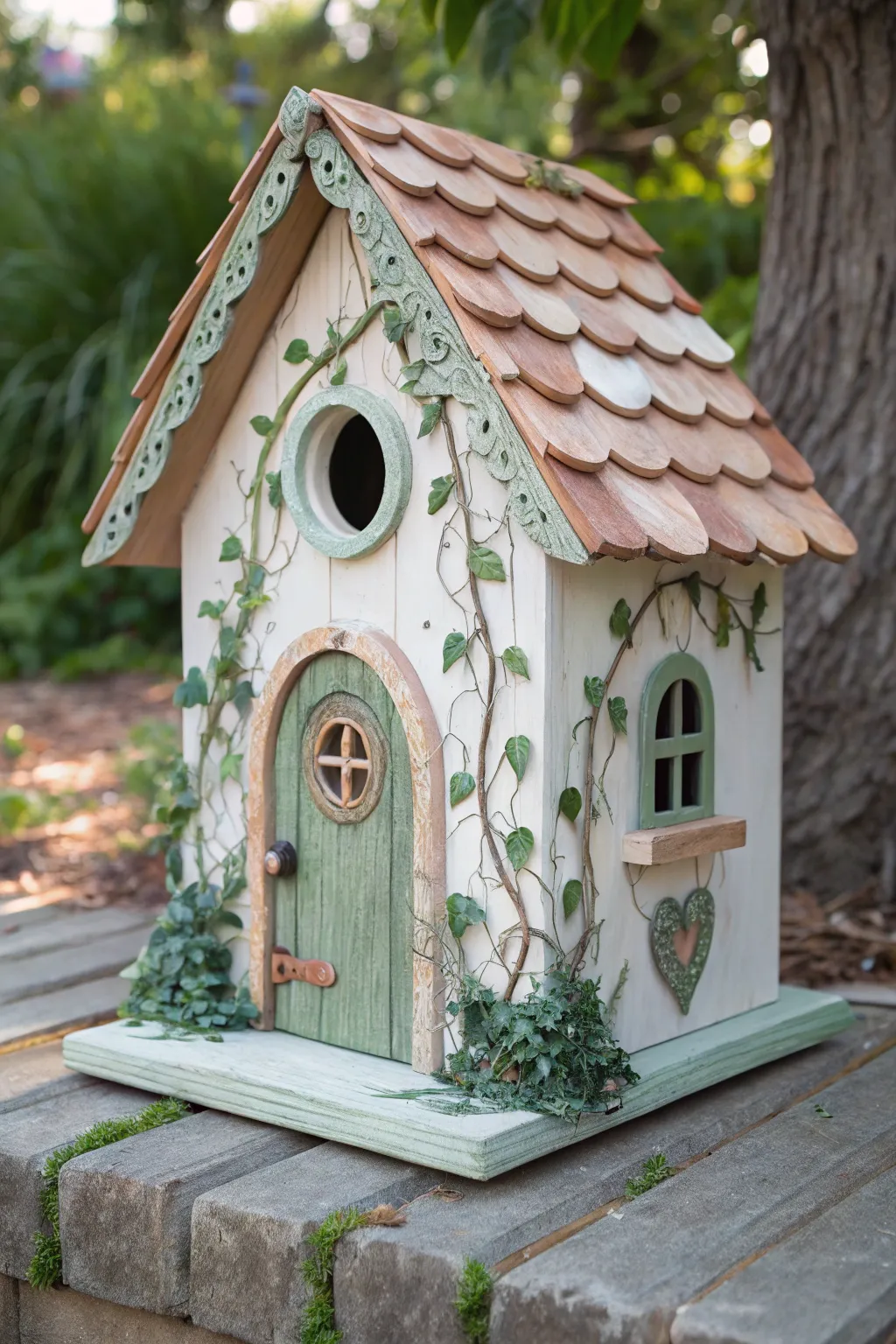 Paint a storybook fairy cottage birdhouse with tiny windows, vines, and stone steps.