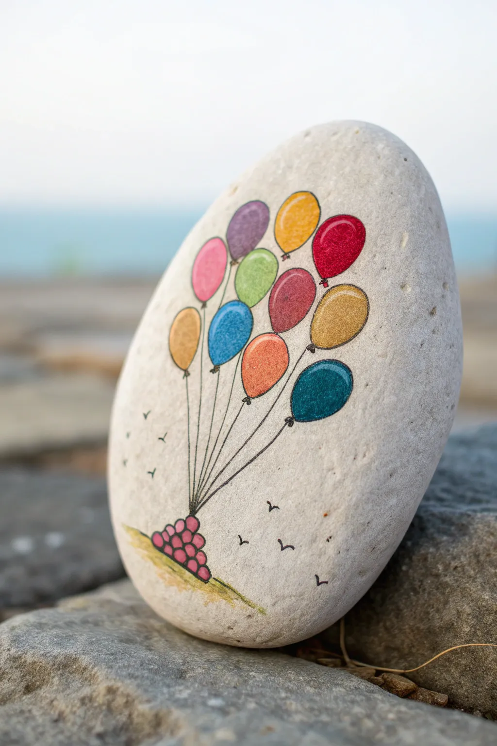 Bright balloon bouquet rock painting, minimal boho colors for a joyful birthday craft.