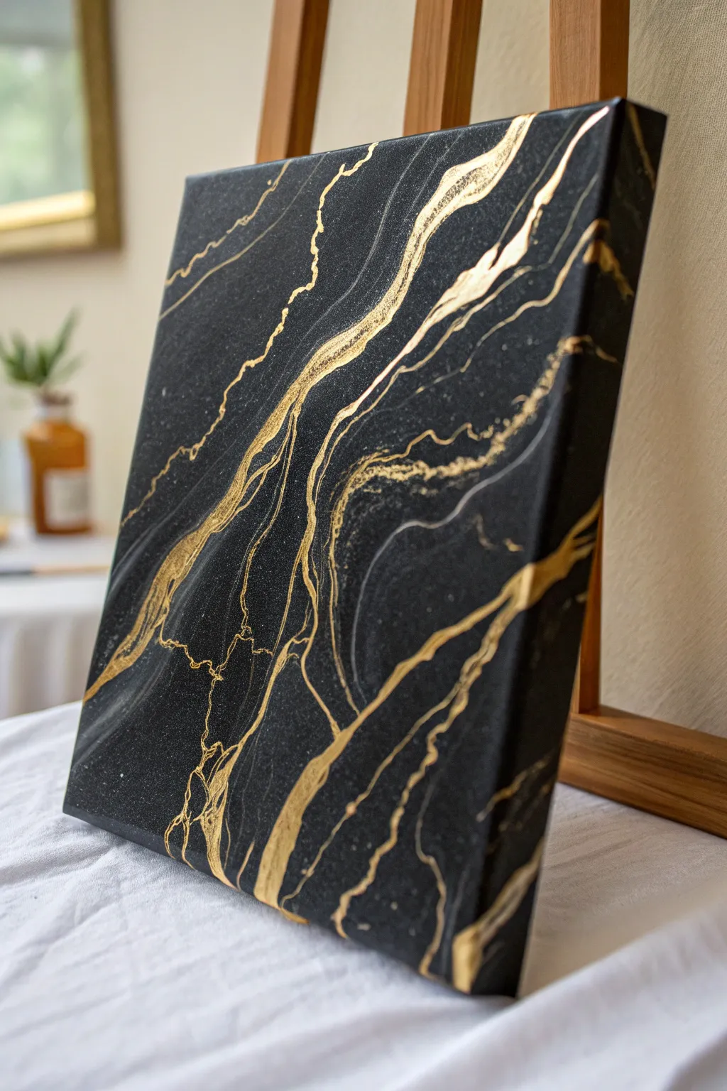 Black and gold abstract marble veins with glossy metallic lines for minimalist Scandinavian boho style
