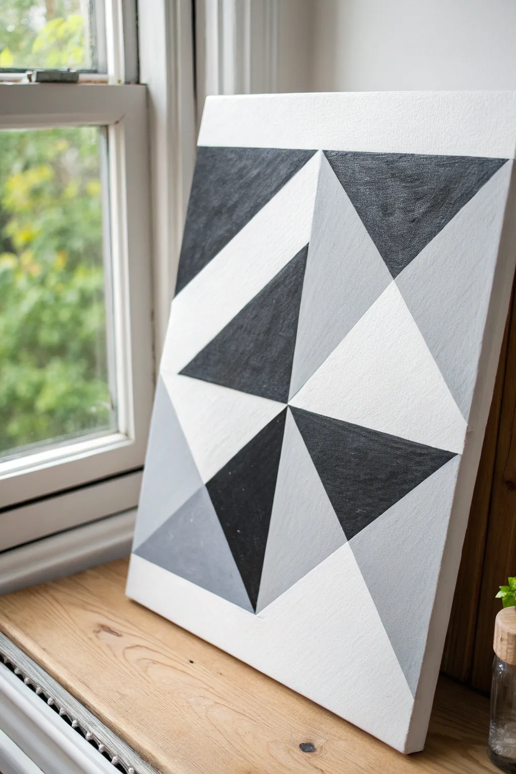 Minimal greyscale blocks with a bold black anchor shape for crisp, modern painting inspiration