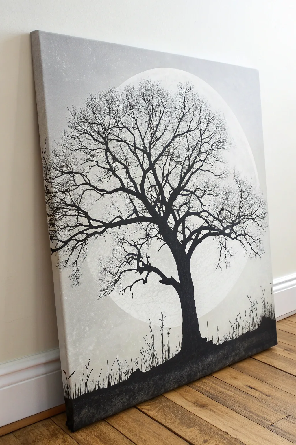Classic black tree silhouette on a soft dusk gradient for a calm minimalist canvas painting.