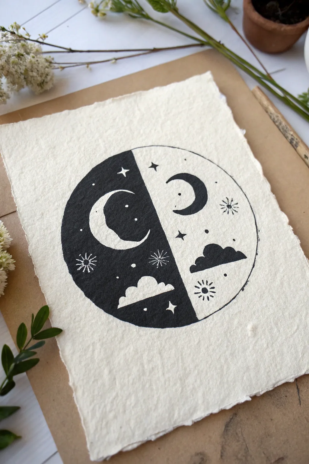 Minimal black and white split circle scene: calm day above, deep night below in bold contrast