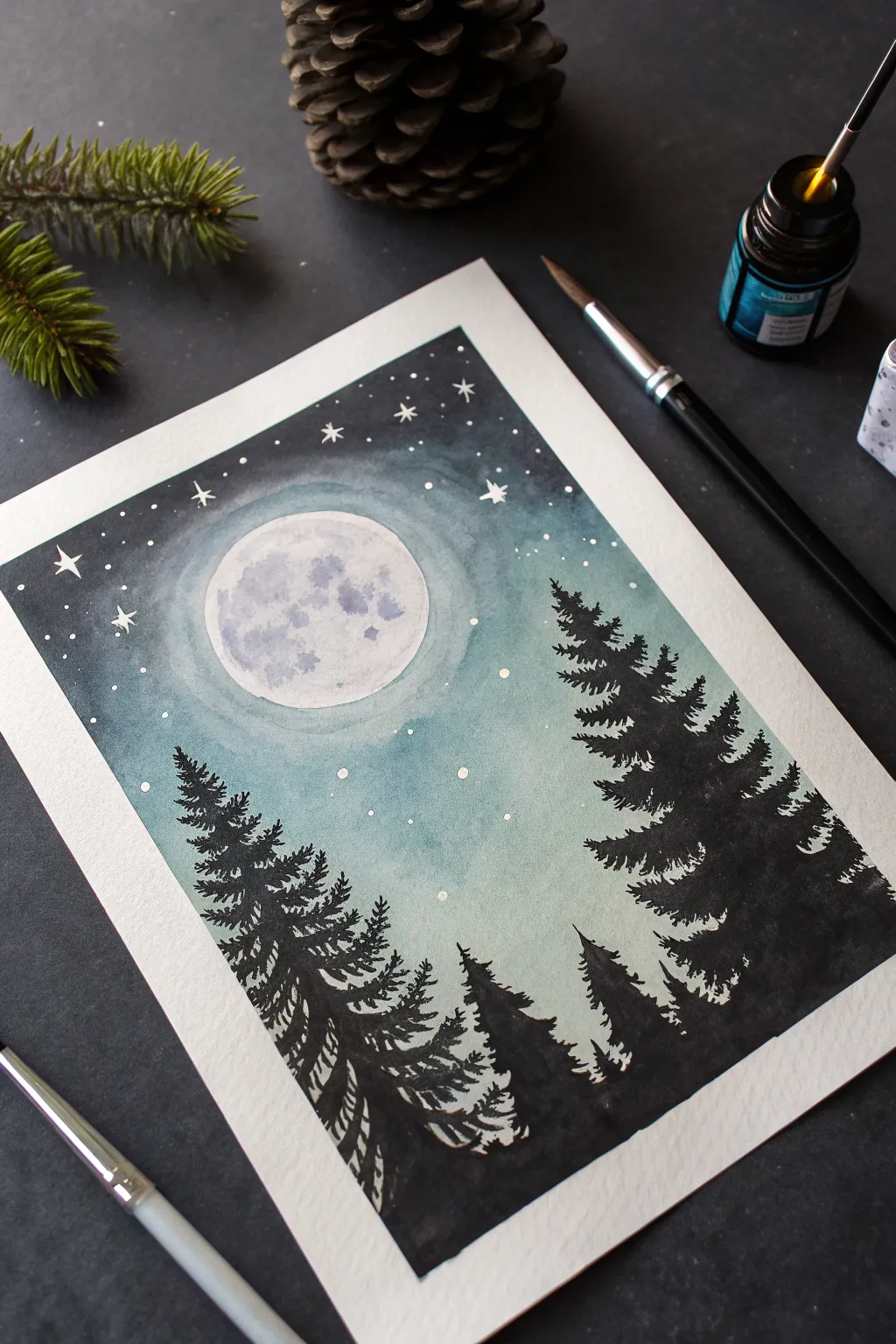 Minimal blacklight art: pine tree silhouette under a glowing UV moon with soft neon stars.