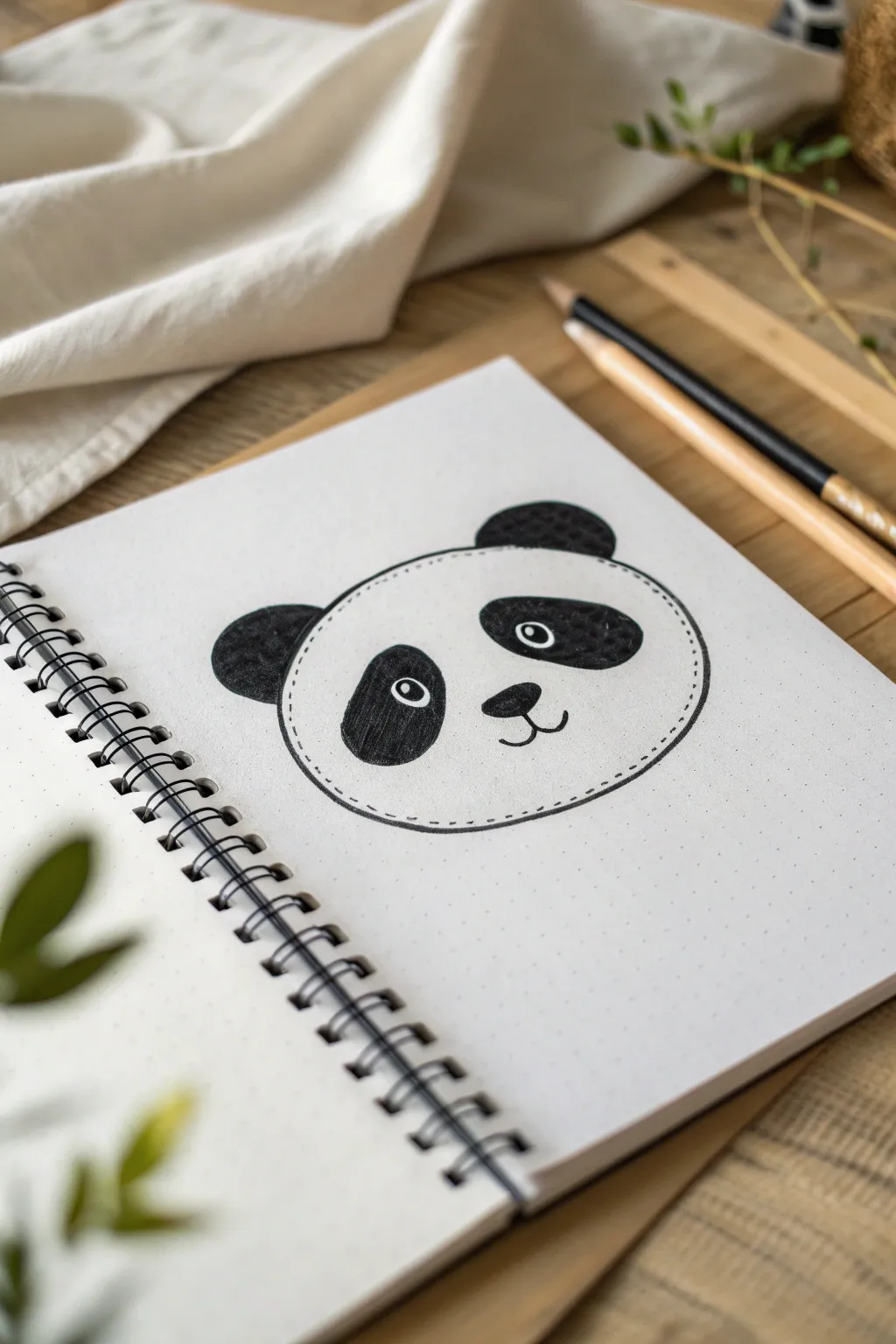 Bold black marker patchwork panda face, clean shapes and cozy minimalist Scandinavian vibe