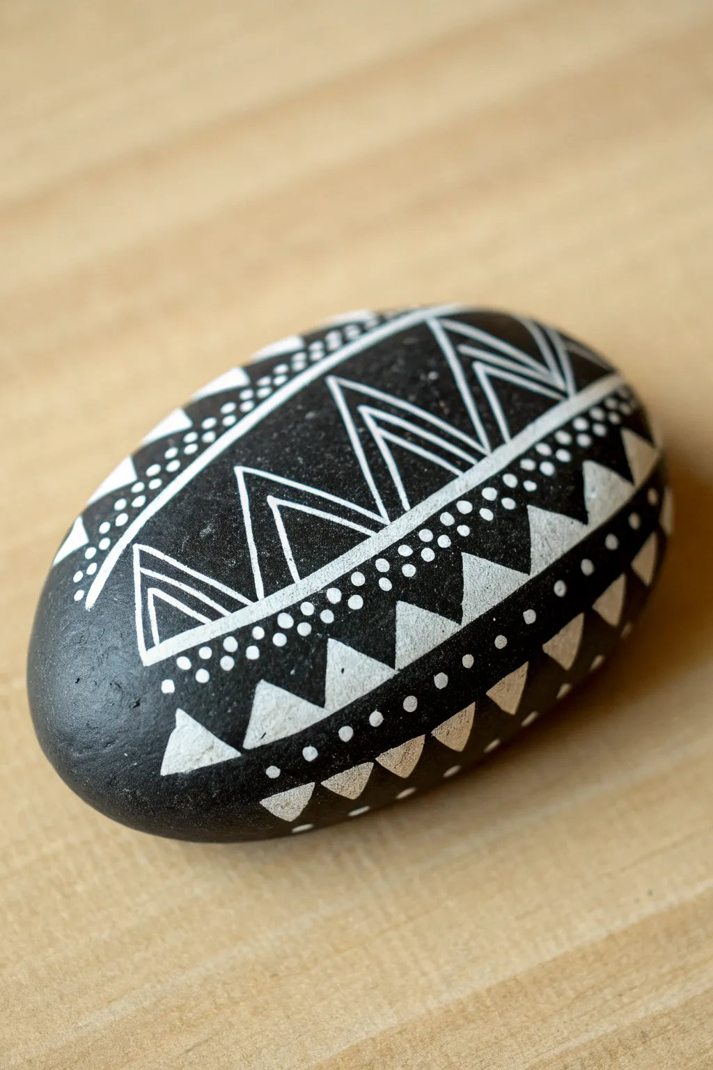 Minimalist black rock with crisp white geometric patterns, bold contrast for modern boho decor.