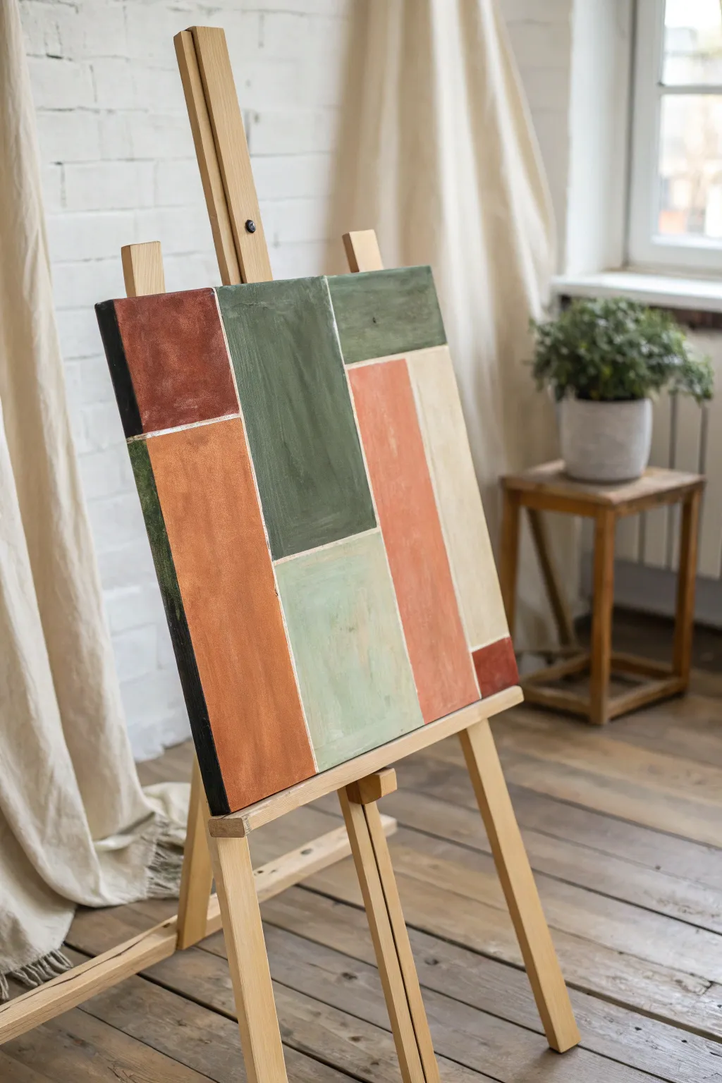 Easy abstract color blocks on a blank canvas, simple palette, bold shapes, calming texture
