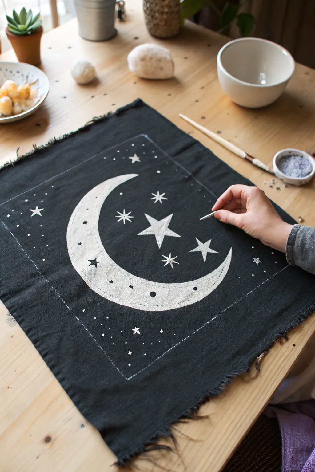 Stenciled crescent moon and stars with soft bleach halo on dark linen, crisp and minimalist