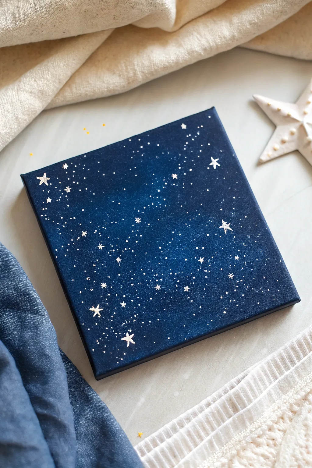 Midnight blue starry sky painting with crisp white stars and a soft halo glow, minimal and serene