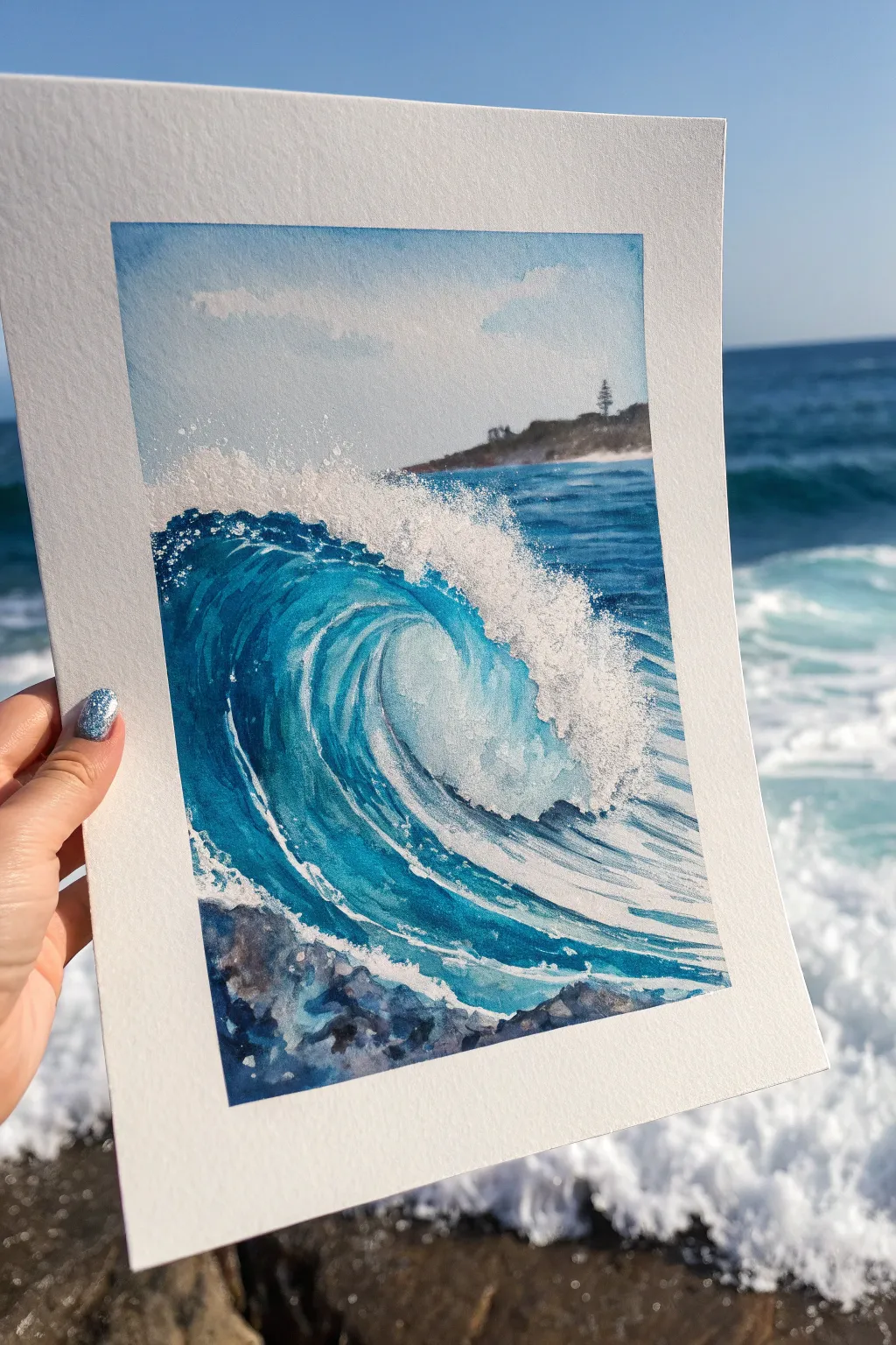 Classic blue ocean wave with crisp white foam, minimalist boho palette, high contrast study