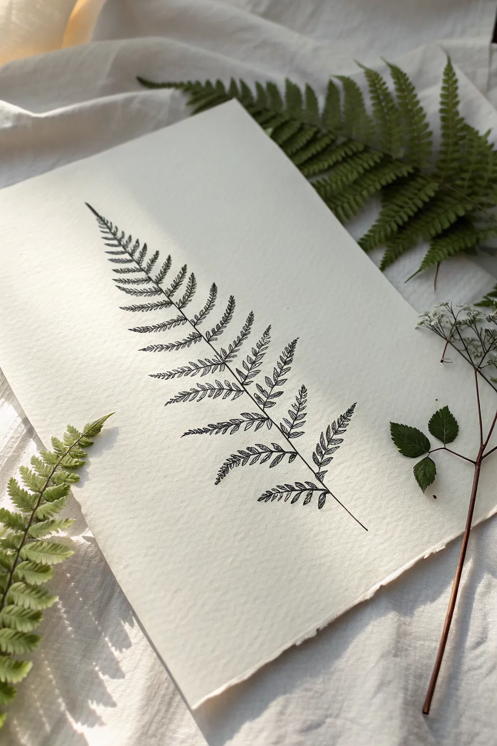Easy boho fern frond sketch in black ink with a soft sage wash, minimalist and calming.