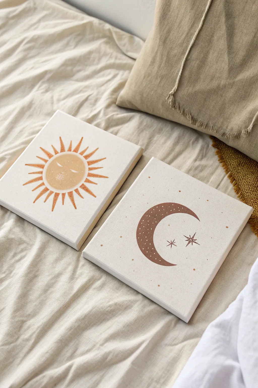 Minimal boho sun and moon mini paintings in warm neutrals, perfect easy DIY wall art