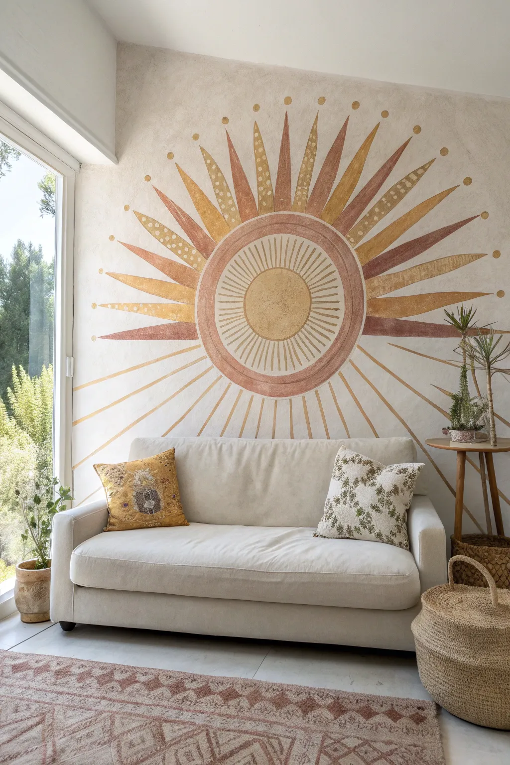 Sunburst halo mural in warm earth tones to lift a minimalist boho sofa corner today.
