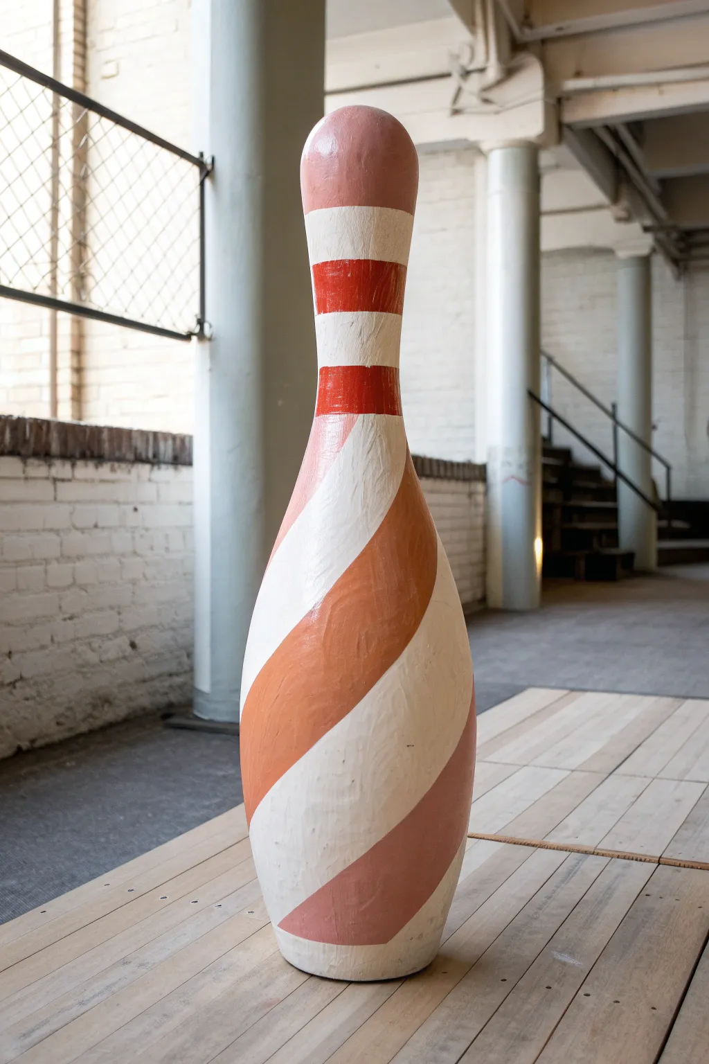 Bold candy-stripe bowling pin with taped edges, a minimalist boho work-in-progress study.