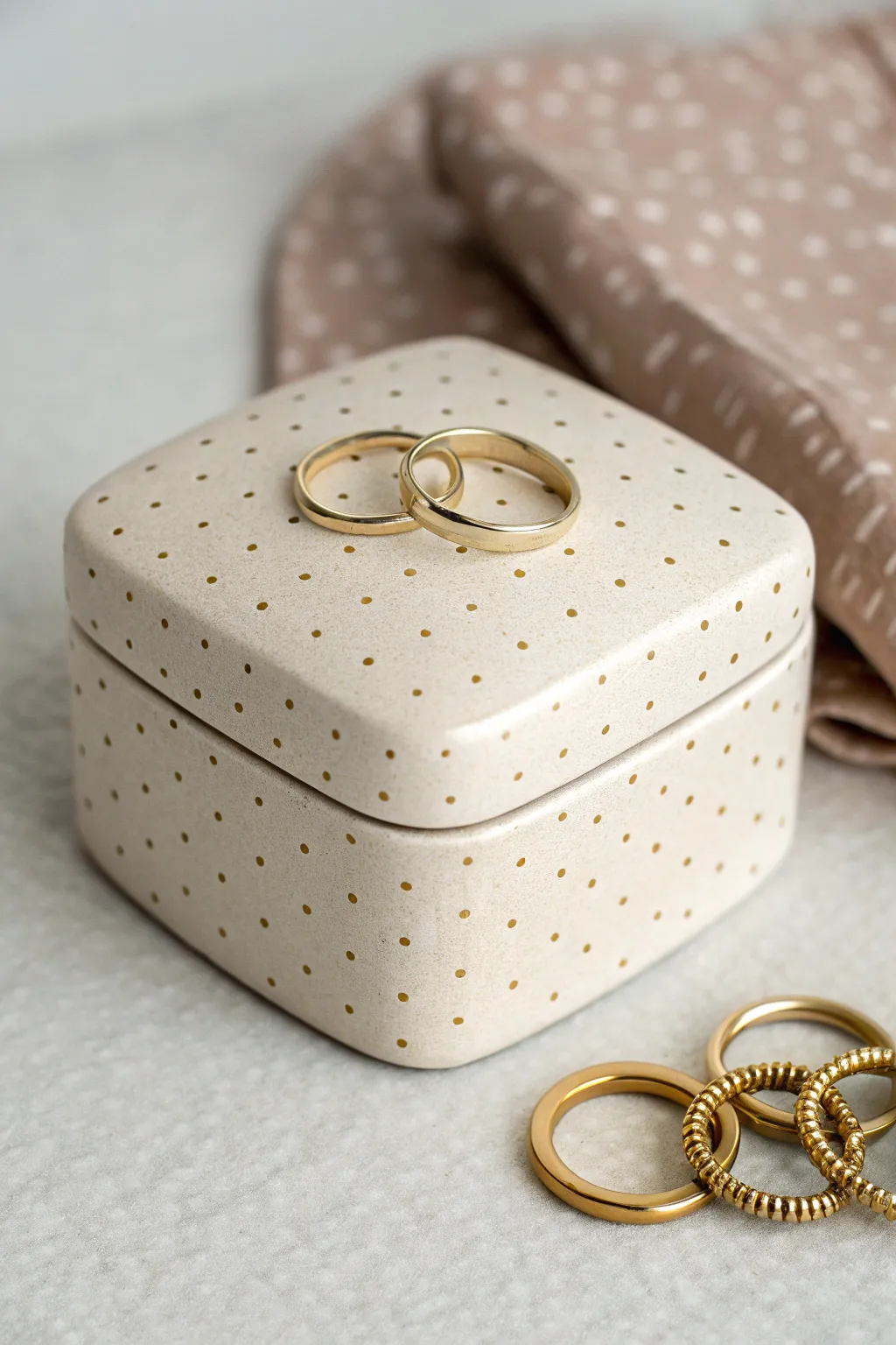Perfect polka dots on a soft neutral jewelry box, minimalist boho storage with handcrafted charm