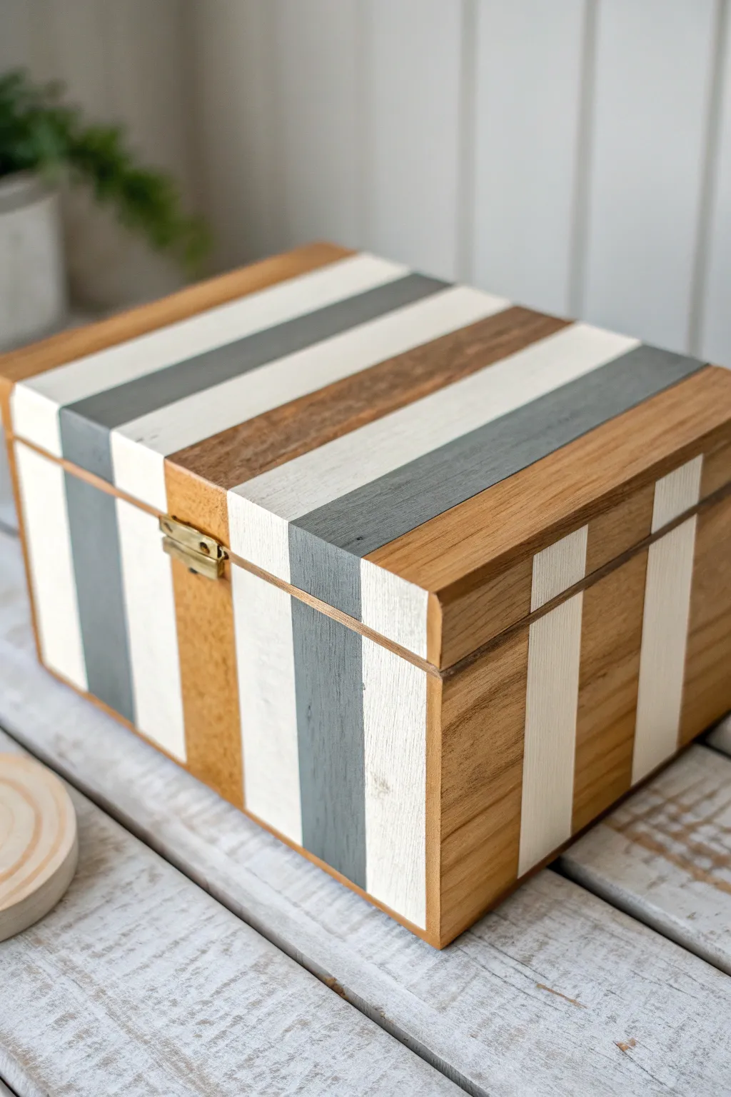 Crisp taped stripe design on a wooden box, showing clean edges and a minimalist finish
