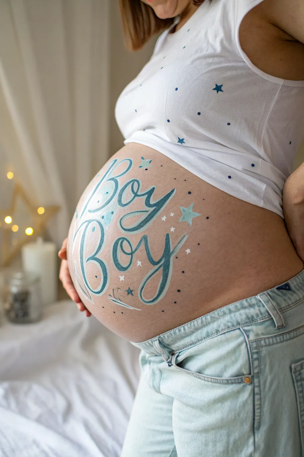 Minimal baby blue script style bump art with tiny stars, modern Scandinavian boho vibe