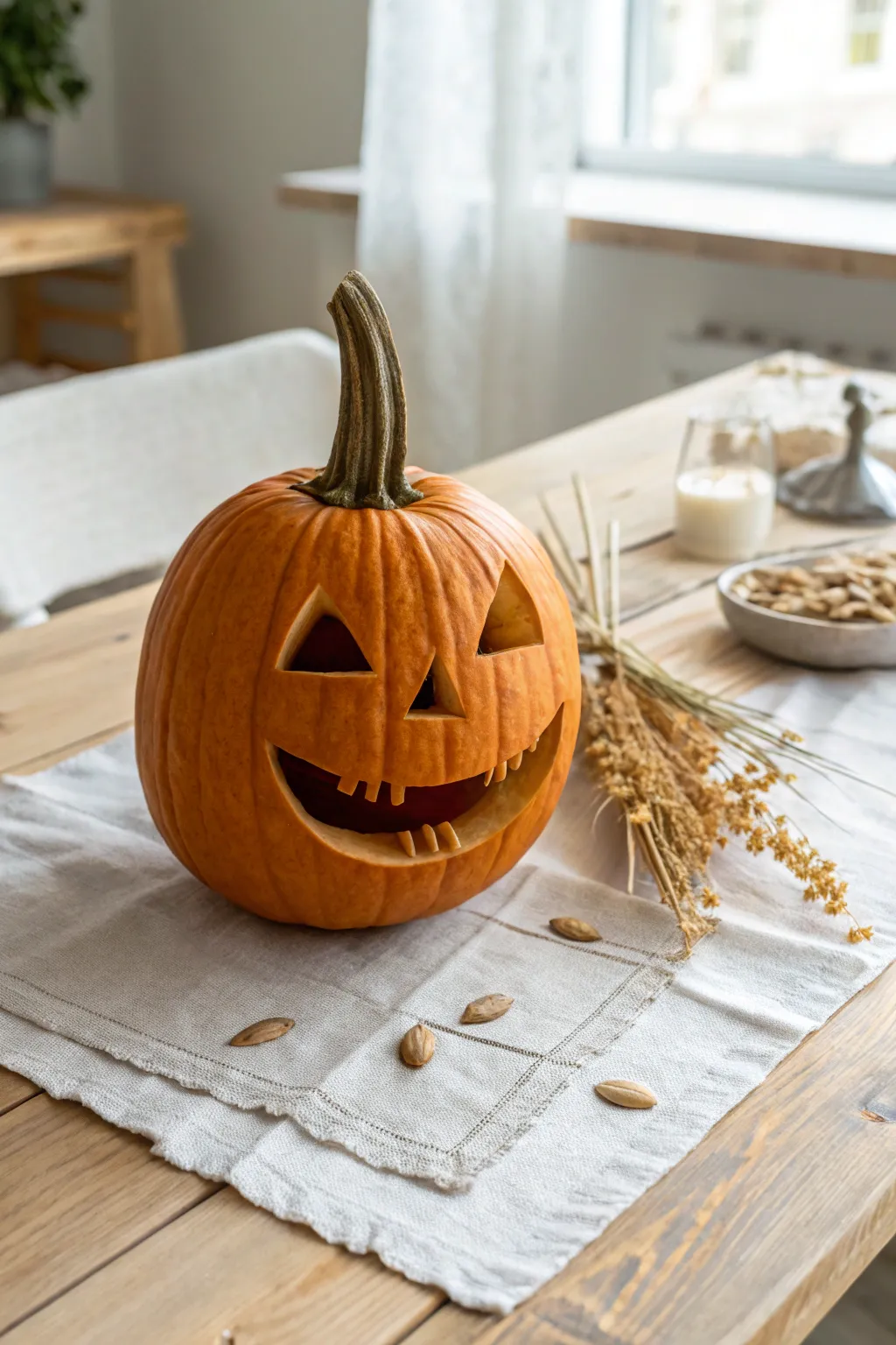 Goofy gap-tooth pumpkin grin in soft daylight, a simple kid-made carve with modern boho charm.