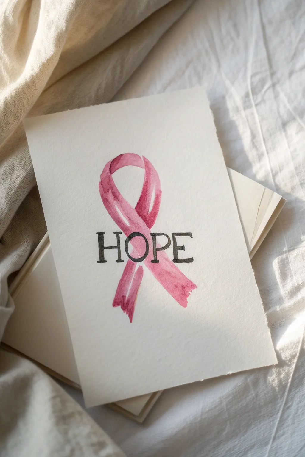 Minimal pink ribbon painting with bold HOPE lettering, high-contrast and calm Scandinavian vibe
