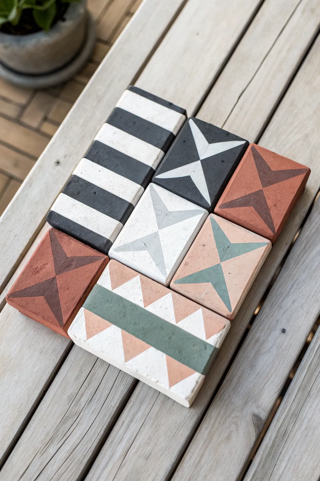 Bold geometric brick patterns in a clean Scandinavian palette, perfect for modern DIY art.
