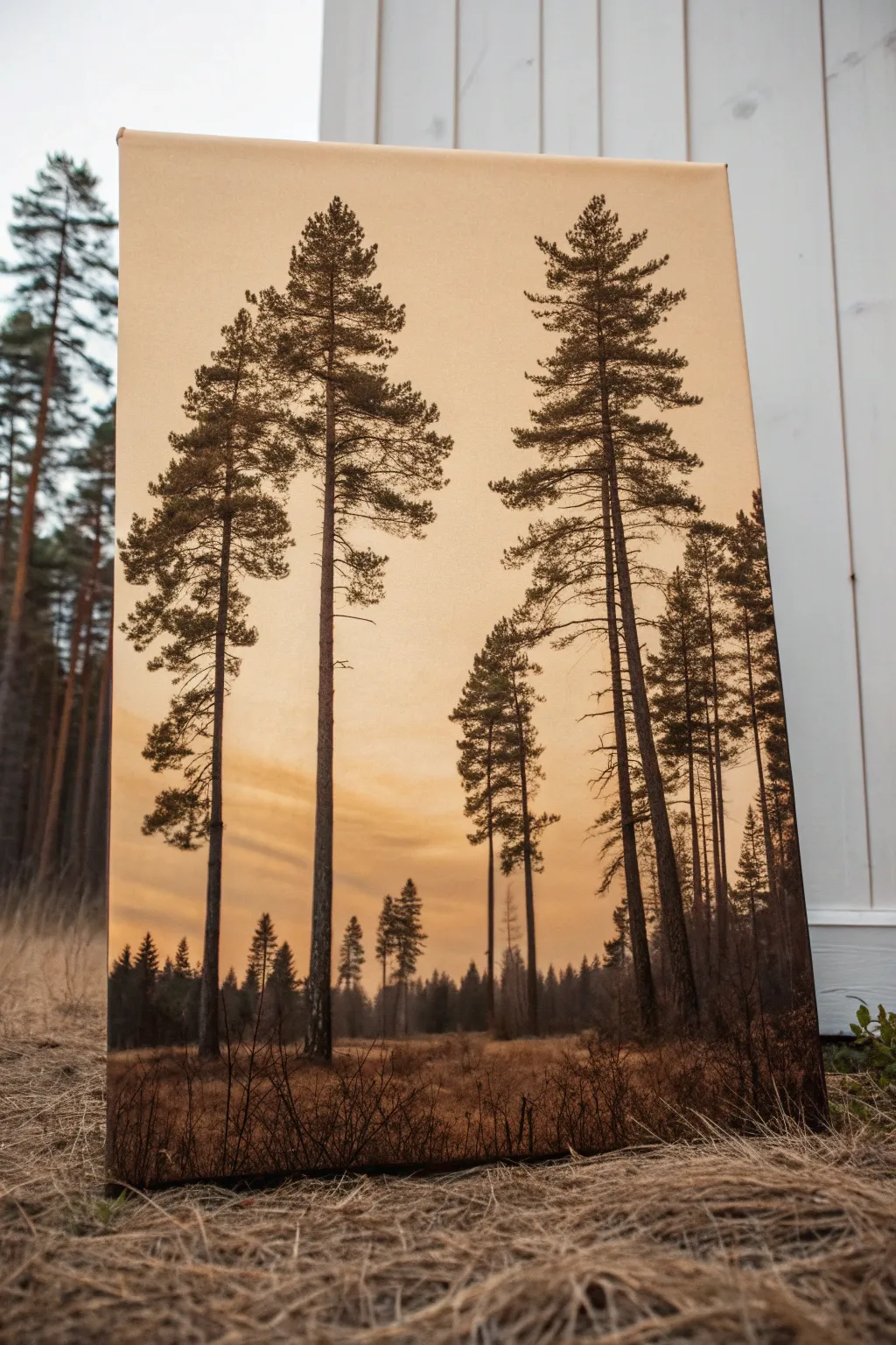 Monochrome brown pine silhouettes on a latte wash sky, an easy minimalist forest canvas idea.