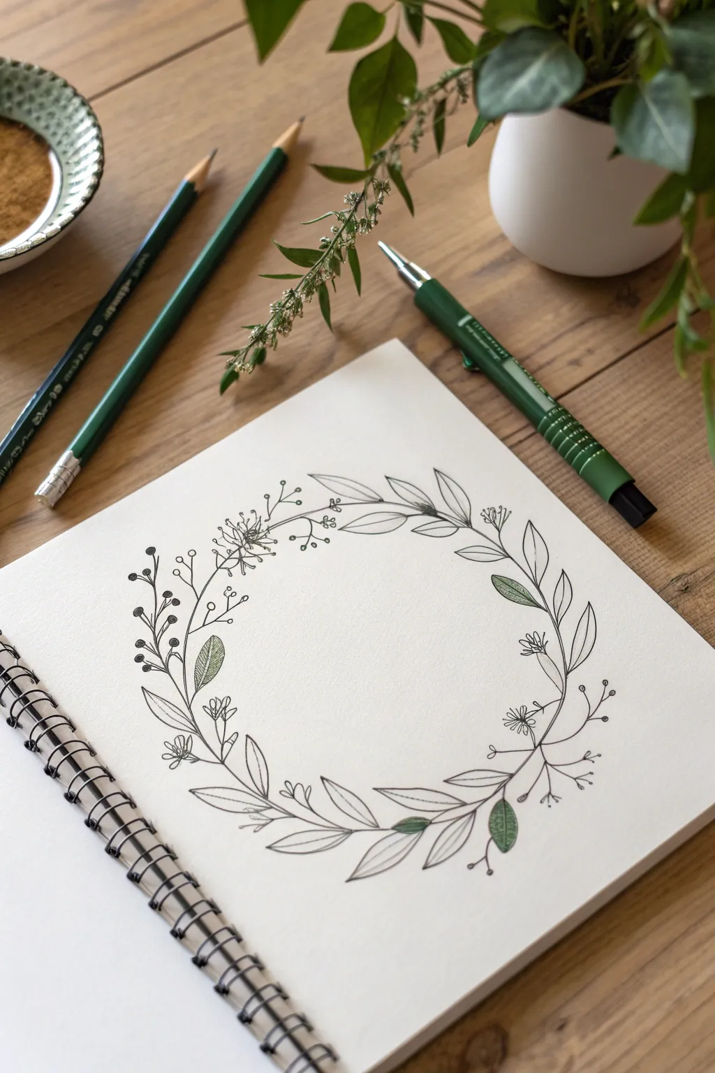Simple brush pen floral wreath with easy leaves, tiny buds, and a faint pencil guide