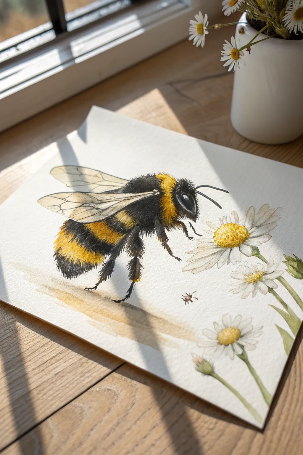 Paint a bold striped bumblebee with fuzzy texture and soft wing blur, minimalist and boho.