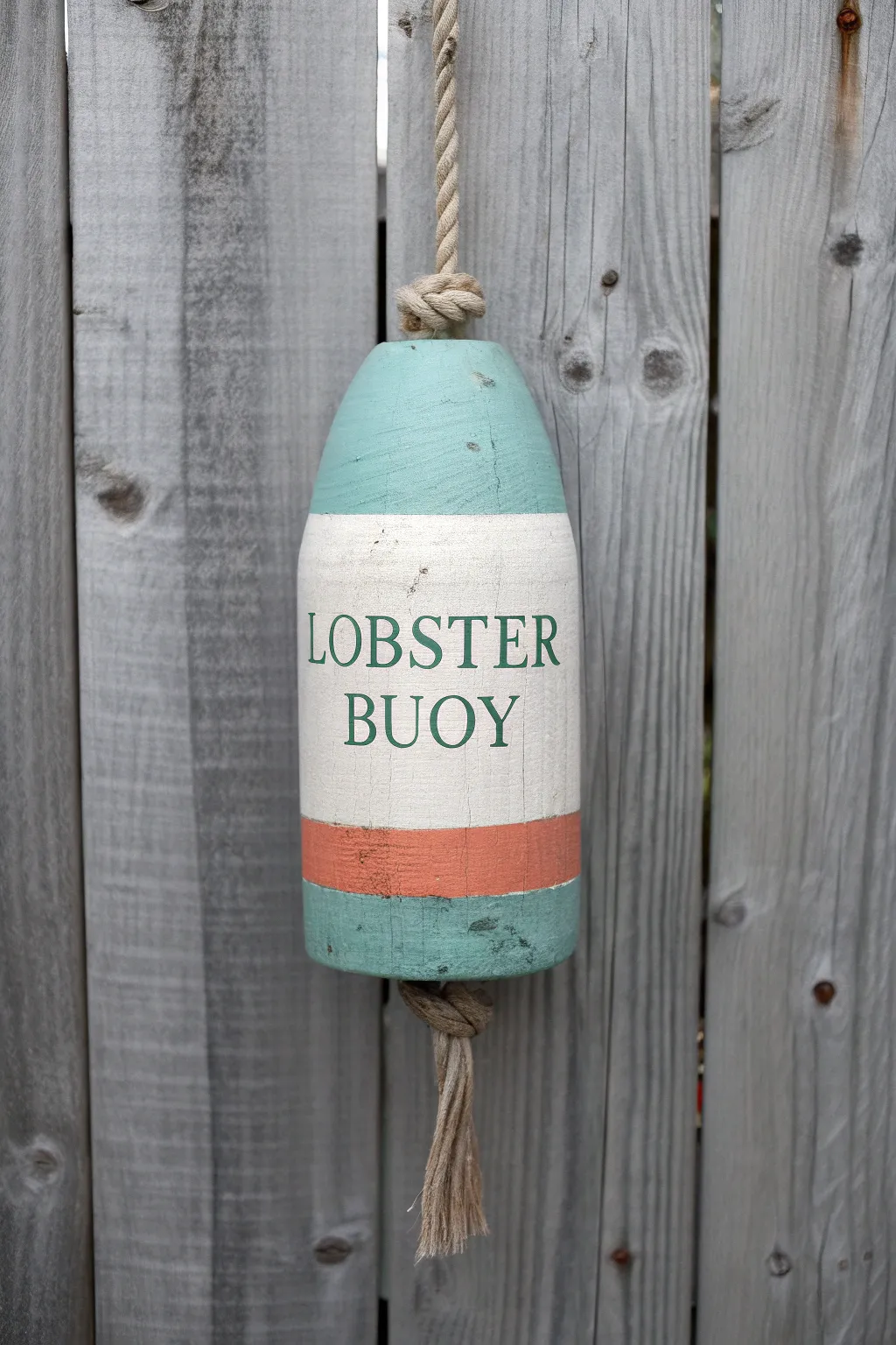 Minimal lobster buoy with bold numbers and initials, hanging on weathered fence in soft light